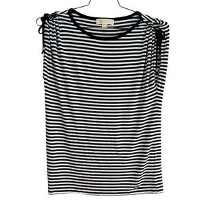 Michael Kors Striped Top Medium Black White Nautical Drawstring Shoulder Coastal